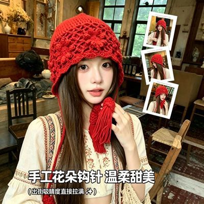 民族风针织帽女川西旅游手工编织红色帽子大头围显脸小双层毛线帽