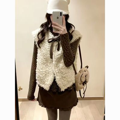秋冬新款甜系少女套装 软糯羊羔毛马甲显瘦碎花半高领打底两件套