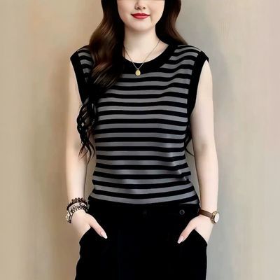 纯棉夏季新款洋气条纹无袖背心显瘦百搭时尚简约修身圆领吊带上衣