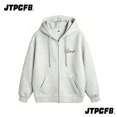 美式慵懒风白灰色秋冬连帽卫衣女加绒薄款宽松休闲拉链开衫外套潮