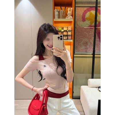 撞色拼接设计感斜肩短袖t恤女夏中大童修身显瘦别致假两件上衣潮优惠商品图片