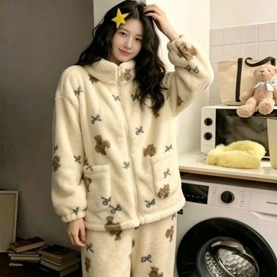 蝴蝶结小熊暖暖套装秋冬新款立领保暖珊瑚绒睡衣加厚家居服两件套优惠商品图片