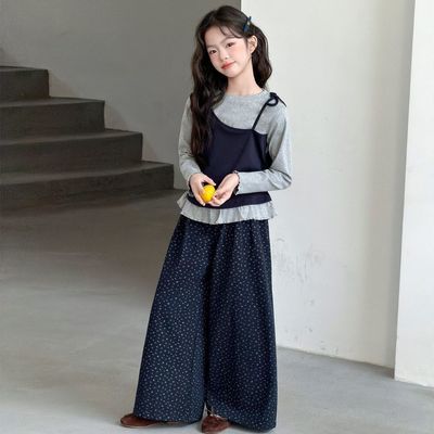 女童洋气套装2026新款韩系假两件上衣+碎花阔腿裤两件套中大童优惠商品图片