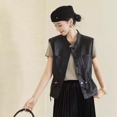 立领抽绳收腰显瘦皮马甲女2026秋季新款时尚工装口袋设计感皮外套
