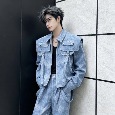 春秋新款小众设计感烫牛仔外套披肩飘带时尚夜店潮流男士两件套