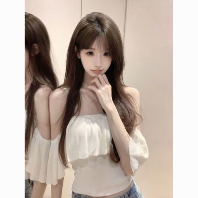 温柔纯欲风一字肩荷叶边小众设计感抹胸 T 恤显瘦百搭辣妹露肩