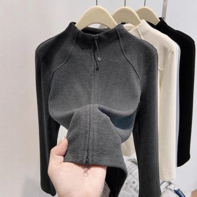 罗纹德绒半高领秋冬新款百搭双拉链开衫修身打底衫女厂家直销批发优惠商品图片