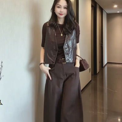 2026秋季新款女装时尚显瘦叠穿打底衫马甲阔腿裤三件套