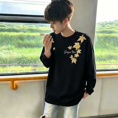 高品质潮流纯棉男款休闲宽松印花字母春秋季美式痞帅长袖T恤上衣优惠商品图片