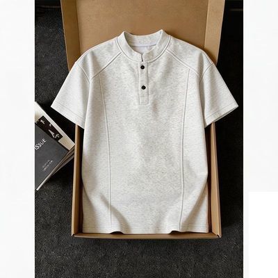 男款短袖夏季美式潮牌裁剪解构polo衫亨利领体恤半袖宽松立领t恤