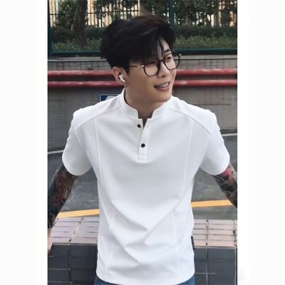 高街正肩亨利领设计感拼接裁剪短袖夏季美式解构POLO衫T恤男半袖优惠商品图片