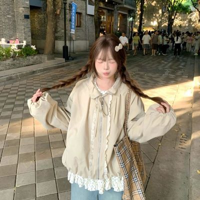 立领外套女2026秋季新款韩系甜美学院风小个子系带蕾丝泡泡袖夹克【3天内发货】