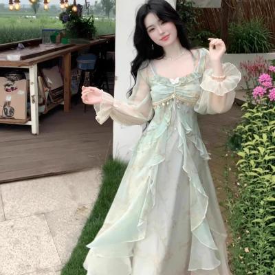 法式荷叶边一字肩连衣裙子女夏季新款高级感气质收腰仙女长裙优惠商品图片