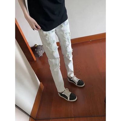 网红潮牌弹力修身破洞烫钻牛仔裤男国潮高街直筒显瘦白色长裤子优惠商品图片