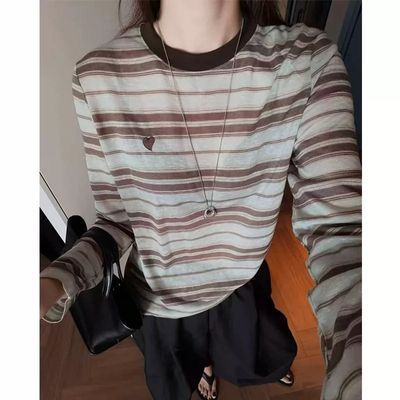 撞色条纹长袖T恤女2026秋季款韩系简约爱心刺绣宽松显瘦休闲上衣优惠商品图片