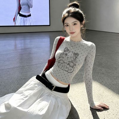 灰色满印波点正肩猫咪长袖T恤秋季小众设计显瘦辣妹修身型上衣