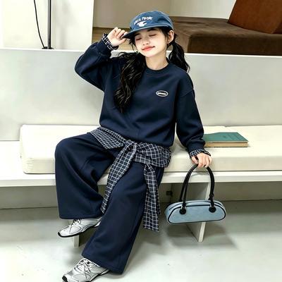 秋季新款女童洋气套装中大童格子拼接卫衣屁帘直筒裤时髦两件套优惠商品图片