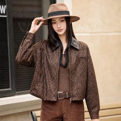 豹纹短款外套女2026秋季新款拼接翻领复古风宽松显瘦拉链夹克上衣
