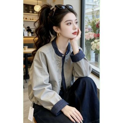 2026春秋网红新款时尚牛仔拼接外套女韩版宽松立领显瘦棒球服上衣