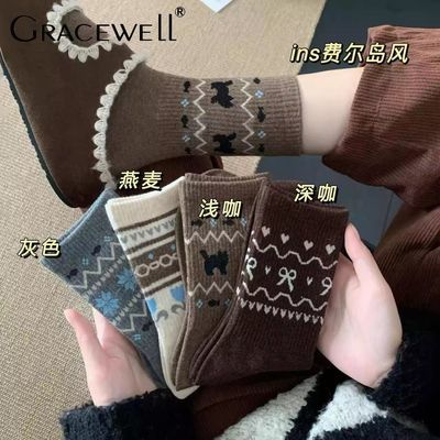 【婷美】袜子女民族风四季中长筒袜复古日系ins学生潮流显瘦百搭长袜