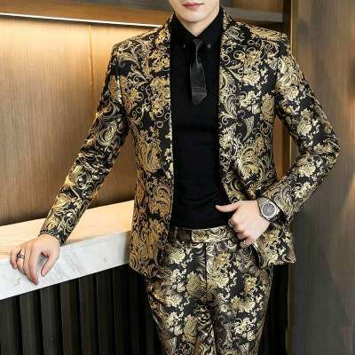 印花休闲西装套装男士春秋个性烫金西服韩版青年修身发型师两件套优惠商品图片