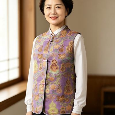 中老年女士春秋款国风复古宽松精致轻奢葫芦花纹无袖马甲优惠商品图片