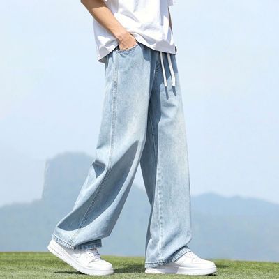 春秋新款做旧男士牛仔裤宽松直筒松紧腰橡筋裤水洗不起球港风长裤优惠商品图片
