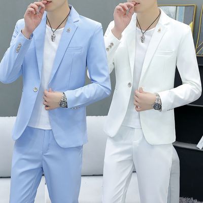 韩版潮流纯色西装套装春秋季男士修身西服青年休闲婚礼商务两件套优惠商品图片