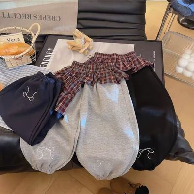 秋季女童2026新款格子花边卫裤蝴蝶结刺绣宽松灯笼裤女洋气束脚裤