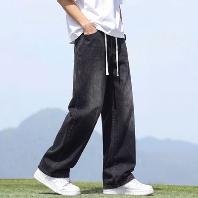 秋季新款多巴胺宽松男士牛仔裤直筒松紧腰橡筋裤水洗港风长裤