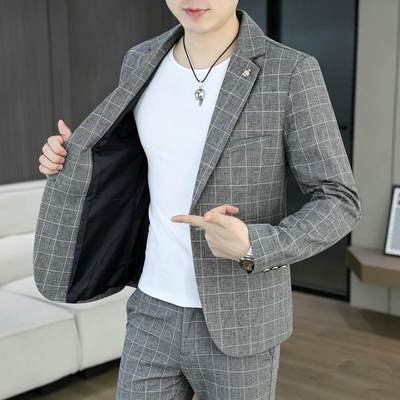 格子西服套装男春秋韩版修身外套发型师英伦风潮流休闲小西装一套优惠商品图片