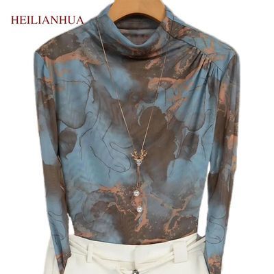 【HEILIANHUA】网纱印花美式长袖时尚t恤秋新款街头氛围感半高领上衣