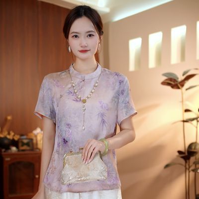 轻盈印花旗袍上衣优雅显瘦日常通勤穿搭5301