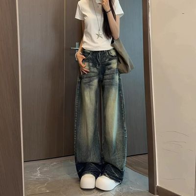 2026裤子女秋季复古蓝阔腿弯刀牛仔裤女高腰遮肉显瘦百搭拖地长裤