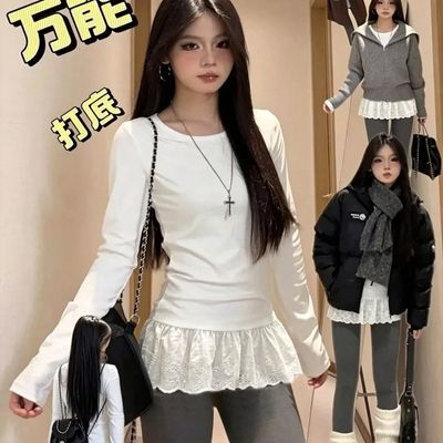 白色蕾丝花边德绒打底衫女内搭秋冬新款辣妹长袖T恤修身显瘦上衣优惠商品图片