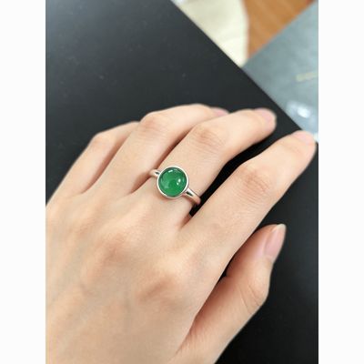 平价高级感绿/白玉髓戒指 8mm戒面 铜合金镀白金 显白