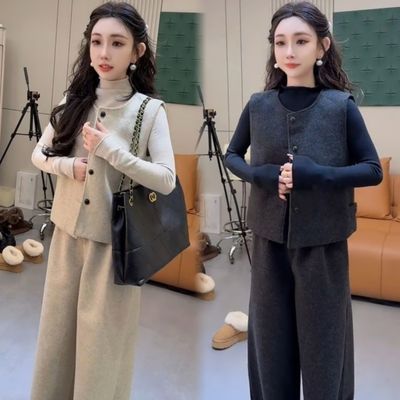 2026秋冬新款网红时尚三件套小众高级感气质马甲高领衫阔腿裤套装