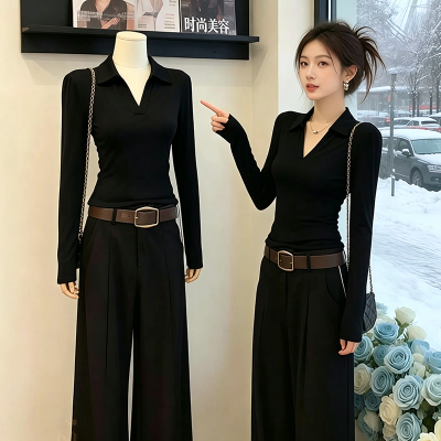 大码黑色POLO洋气长袖t恤打底衫MM新款爆款修身遮肉显瘦女款上衣