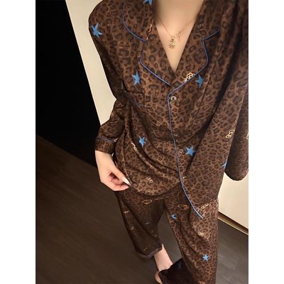 韩系豹纹睡衣女春秋款卡通五角星猫咪柔软舒适长袖长裤家居服套装