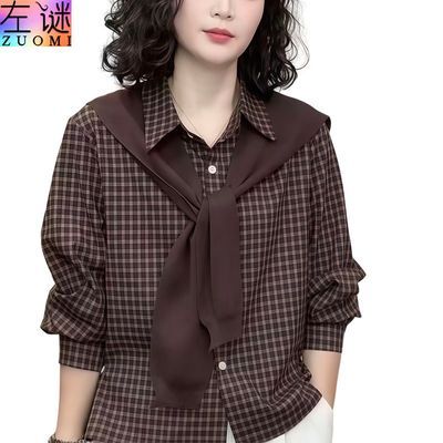 【左谜】秋季新款翻领披肩长袖格子女时尚百搭妈妈装显瘦上衣宽松小衫