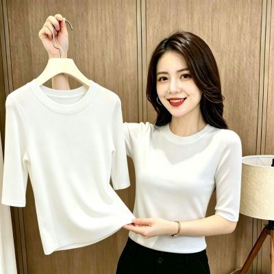 秋季新款莫代尔五分袖纯色T恤女装大码宽松百搭休闲圆领中袖上衣