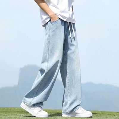 秋季男士牛仔裤宽松直筒男生美式高街百搭潮牌休闲浅色裤子
