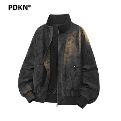 PDKN美式复古脏脏扎染PU皮夹克男2026春秋新款高级感立领轻奢外套【7天内发货】优惠商品图片