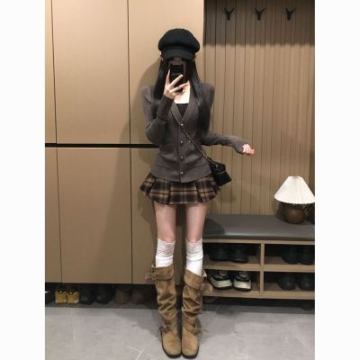 秋序私搭 早秋韩系复古针织衫内搭格纹百褶裙气质穿搭学院风套装