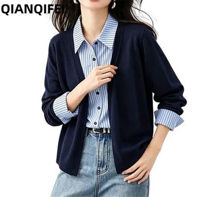 新款假两件条纹开衫早秋时尚洋气百搭气质上衣女71010-3082-25182【15天内发货】