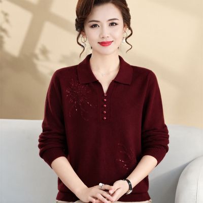 秋季女装针织新款中老年针织衫上衣洋气长袖妈妈翻领宽松打底毛衣