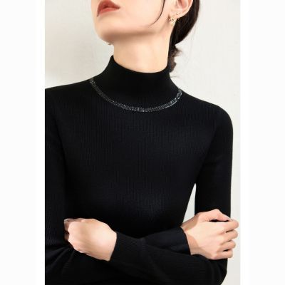 高领小众镶钻设计长袖修身毛衣2026年冬季新款显瘦内搭女装打底衫