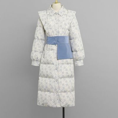 加厚版300g90绒冬季2026新款灰蓝色印花白鸭绒羽绒服收腰过膝外套优惠商品图片