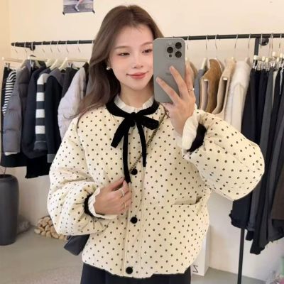 灯芯绒蝴蝶结系带小花波点棉服2025冬季新款小个子可爱保暖厚外套