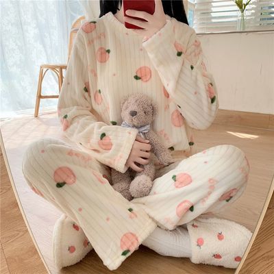 人间水蜜桃ins少女卡通系竖纹绒绒姐妹装套头新款慵懒风居家睡衣【3天内发货】优惠商品图片